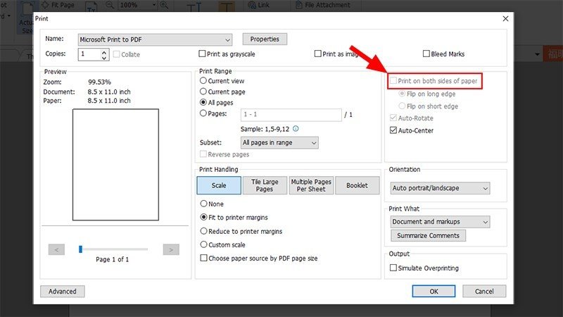 Chọn tùy chọn Print on both sides để in 2 mặt tự động PDF