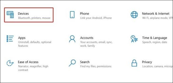 Truy cập mục Devices trong Settings để quản lý máy in và thiết bị