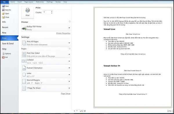 Thiết lập các tùy chọn in nâng cao như phạm vi trang, hướng giấy, và xem trước bản in trong Word