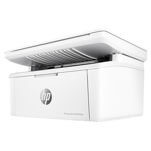 Máy in HP LaserJet Pro MFP M28W màu trắng với màn hình LCD