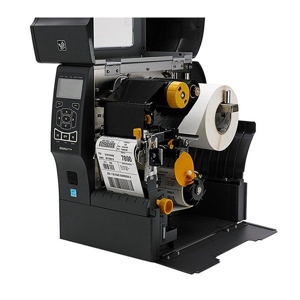 Máy in mã vạch Zebra ZT410 công nghiệp đang hoạt động với thiết kế kim loại chắc chắn