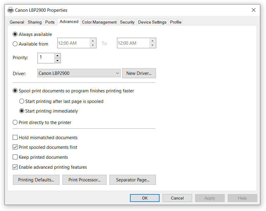 Các tùy chọn cài đặt nâng cao cho máy in Canon LBP 2900