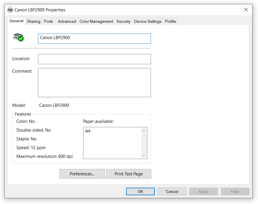 Tab General trong Printer Properties của máy in Canon LBP 2900