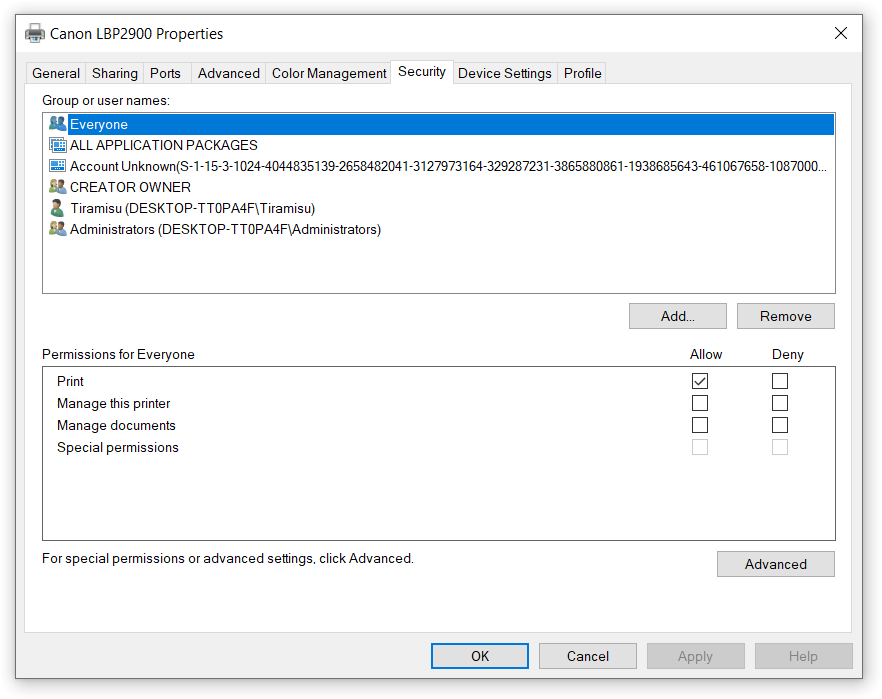 Thiết lập quyền bảo mật cho người dùng máy in Canon LBP 2900