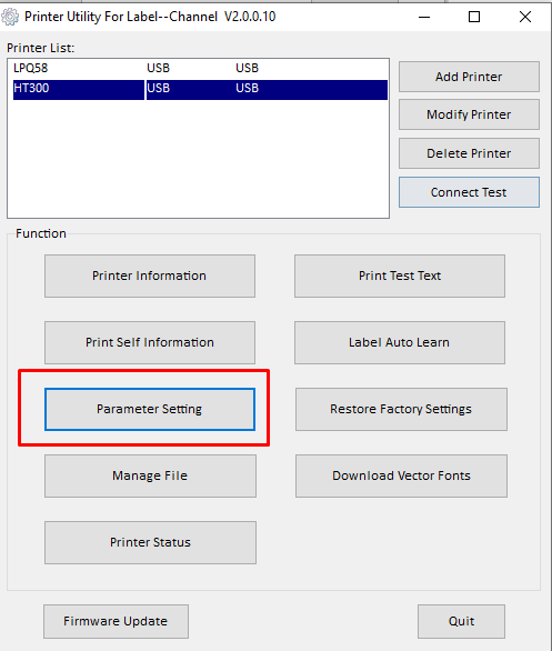Menu Parameter setting để cấu hình các thông số máy in