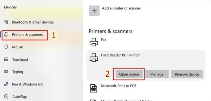 Chọn Printers & Scanners và mở hàng đợi in của máy in