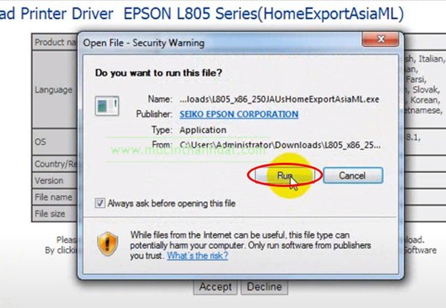 Chạy file cài đặt driver Epson L805 vừa tải về