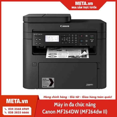 Máy in Canon MF264DW với bảng điều khiển nghiêng và khay giấy