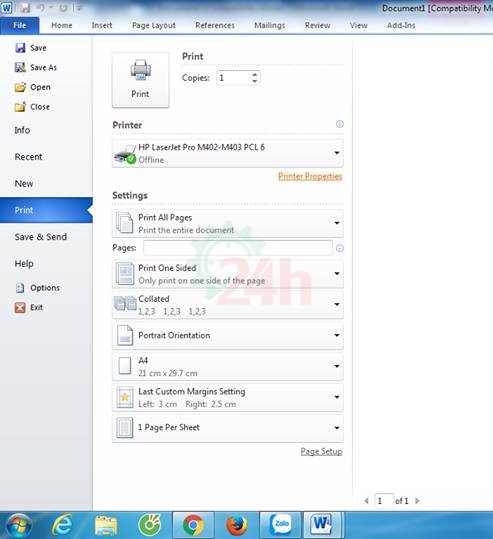 Giao diện hộp thoại Print và tùy chọn Printer Properties để cài đặt in 2 mặt máy in HP