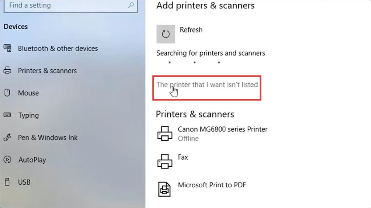 Chọn The printer that I want isn’t listed nếu máy in không tự động hiển thị