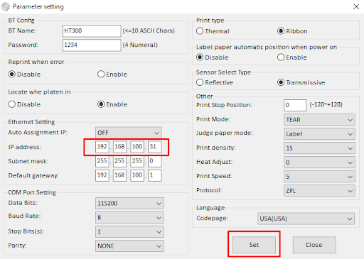 Giao diện cài đặt địa chỉ IP, subnet mask, gateway cho máy in