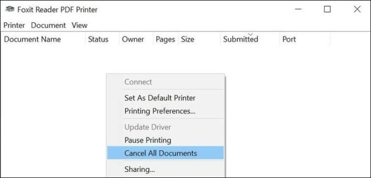 Trong cửa sổ hàng đợi, nhấp chuột phải vào khoảng trống và chọn Cancel All Documents để xóa tất cả lệnh in