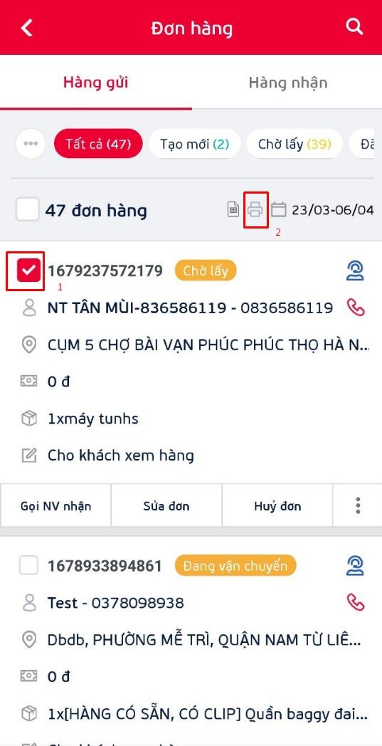 Chọn đơn hàng và biểu tượng in trên ứng dụng