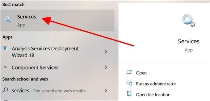 Tìm kiếm và mở Services để quản lý Print Spooler