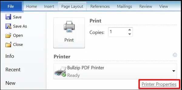 Truy cập Printer Properties để cài đặt in màu hoặc đen trắng trong Word.