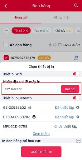 Nhập địa chỉ IP để kết nối máy in qua Wifi trên ứng dụng