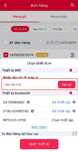 Nhập địa chỉ IP của máy in để tiến hành kết nối qua wifi
