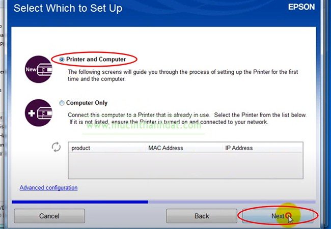 Chọn Printer and computer để thiết lập kết nối Wi-Fi cho Epson L805
