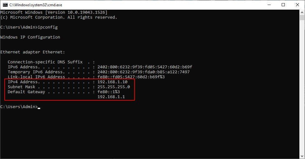 Mở Command Prompt bằng lệnh ipconfig