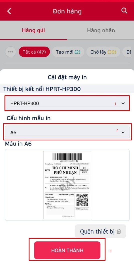Chọn mã thiết bị và cấu hình mẫu in trước khi hoàn thành kết nối