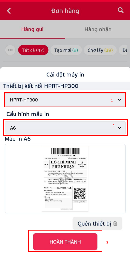 Tùy chọn mã thiết bị và cấu hình mẫu in trước khi hoàn thành kết nối