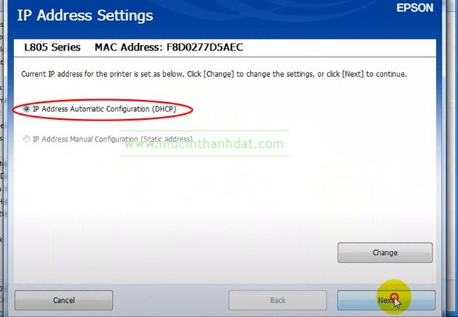 Cấu hình địa chỉ IP tự động (DHCP) cho máy in Epson L805