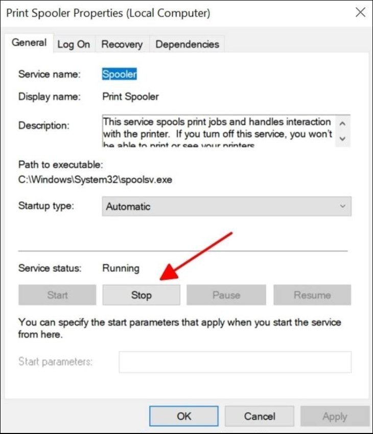 Nhấn nút Stop để tạm dừng dịch vụ Print Spooler