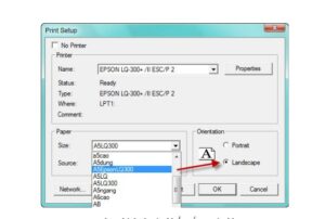 Lựa chọn khổ giấy tùy chỉnh (custom size) và hướng in ngang (Landscape) trong cài đặt in