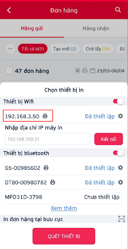 Chọn máy in đã kết nối theo địa chỉ IP để thực hiện lệnh in