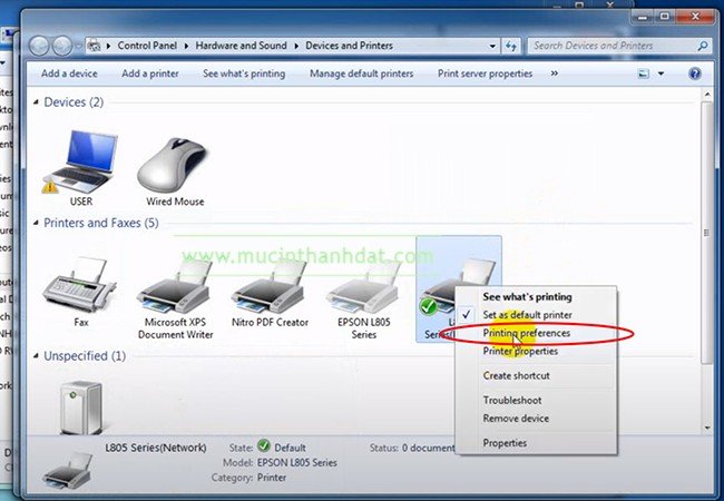 Kiểm tra driver máy in Epson L805 trong Control Panel