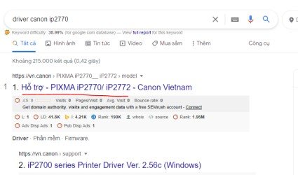Tìm kiếm driver Canon IP2770 trên Google