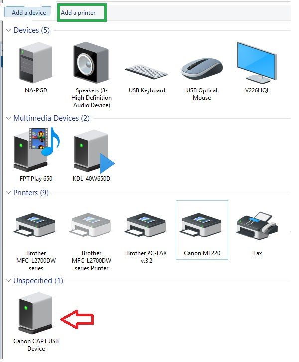 Chọn "Add a printer" trong mục Devices and Printers để thêm máy in Canon 2900 mới.