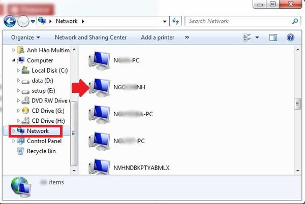 Truy cập mục Network trong File Explorer để tìm máy chủ máy in