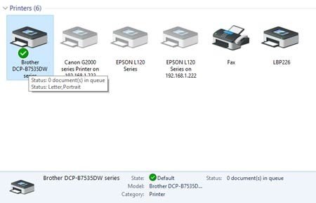 Biểu tượng máy in Brother DCP-B7535DW Series trong Control Panel sau khi cài đặt thành công driver