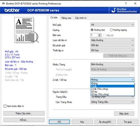 Giao diện thiết lập in 2 mặt tự động trong Printer Properties của máy Brother DCP-B7535DW