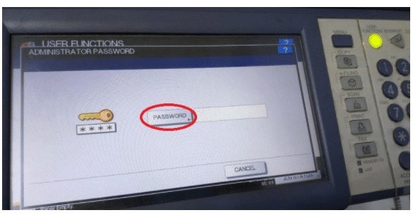 Màn hình nhập mật khẩu Admin trên máy photocopy Toshiba