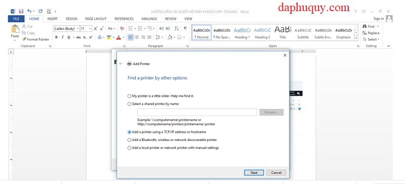 Chọn Add a printer using a TCP/IP address or hostname để cài máy in mạng