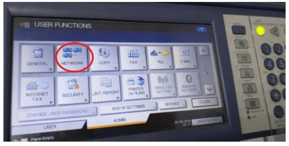 Chọn mục Network trong cài đặt admin của máy photocopy Toshiba