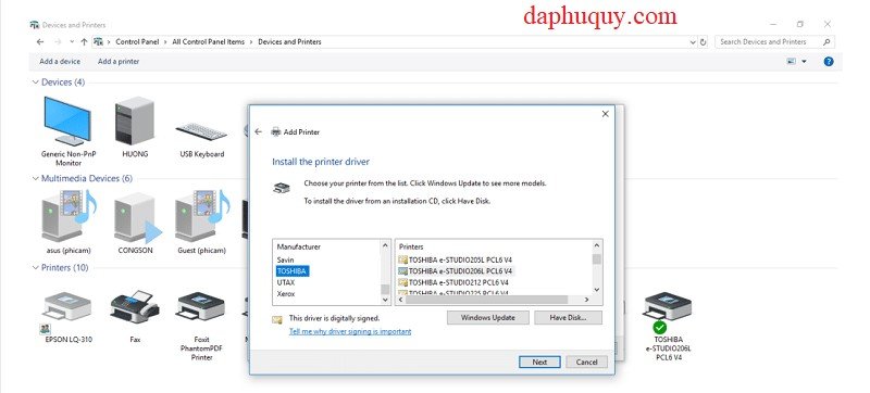Chọn driver máy in từ danh sách hoặc sử dụng "Have Disk..." để cài từ file đã tải
