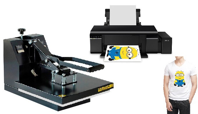 alt: Hệ thống máy in Epson T50 sử dụng mực in chuyển nhiệt để ép hình ảnh lên áo thun tạo sản phẩm tùy chỉnh