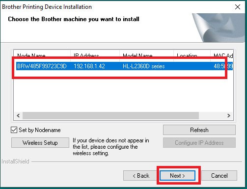 Chọn thiết bị máy in Brother HL-L2366DW được tìm thấy trên mạng WiFi
