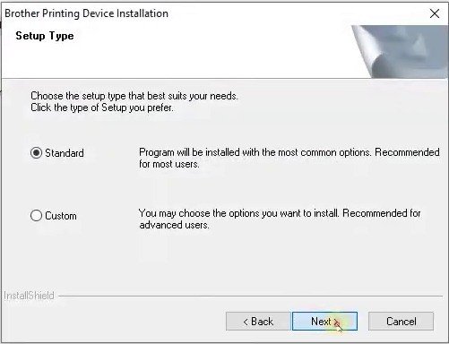 Chọn kiểu cài đặt Standard cho Driver máy in Brother