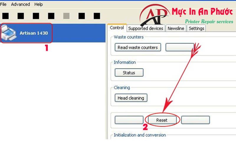 Chọn máy in và nhấn Reset trong EP 1430 ResetTools