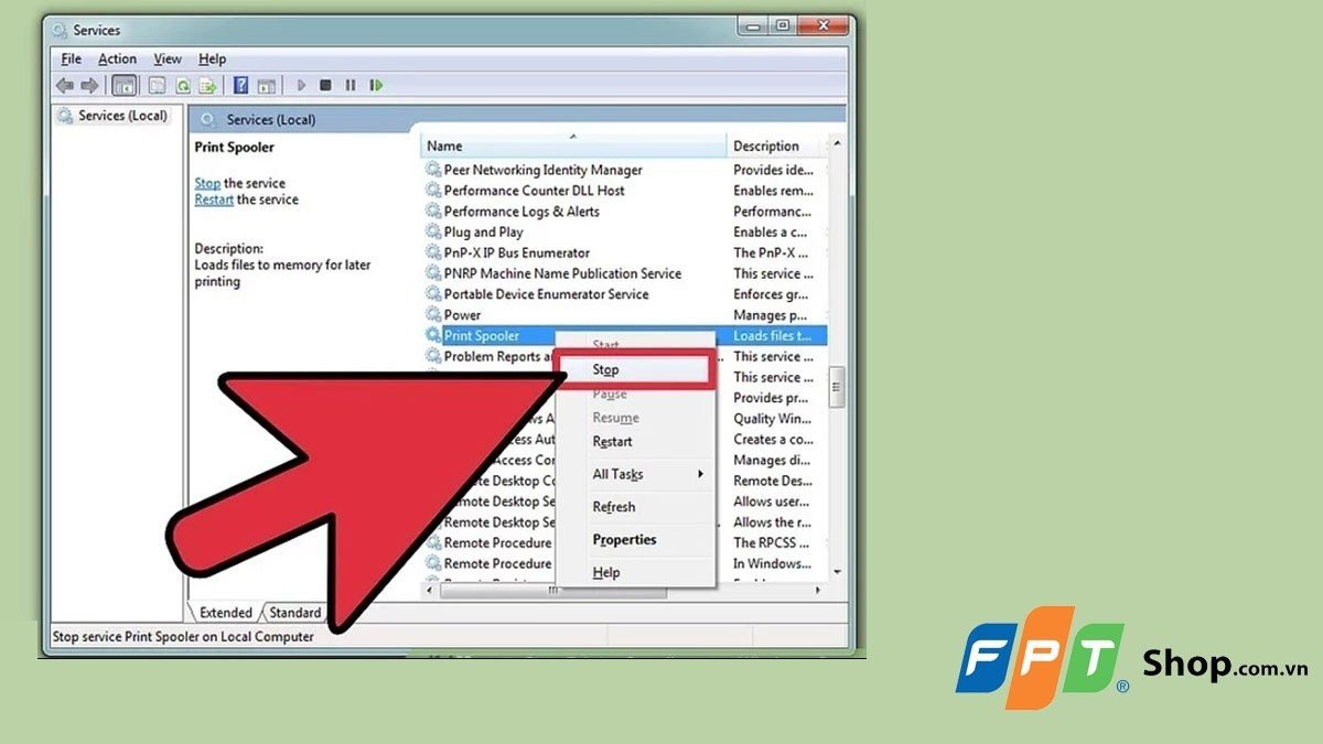 Dừng dịch vụ Print Spooler trong Services để xóa hàng đợi in