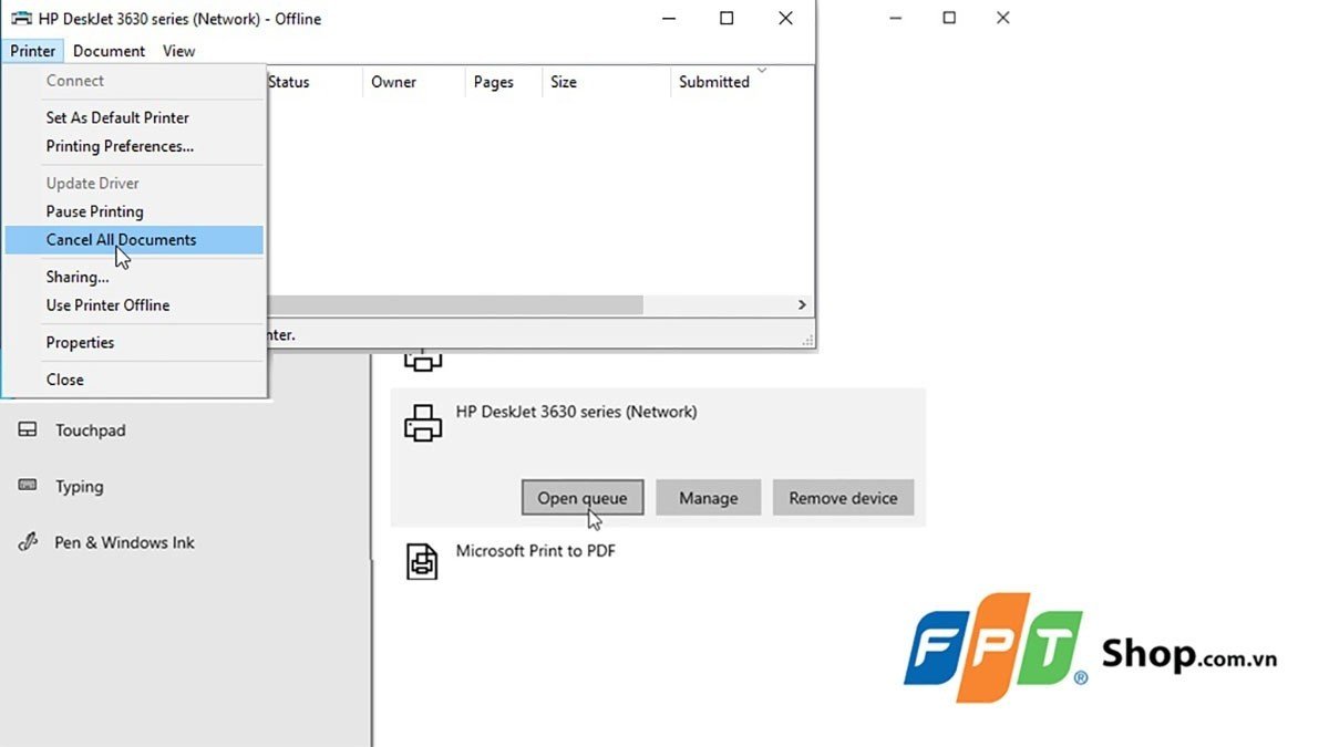 Sử dụng tùy chọn Cancel All Documents để xóa toàn bộ lệnh in đang chờ