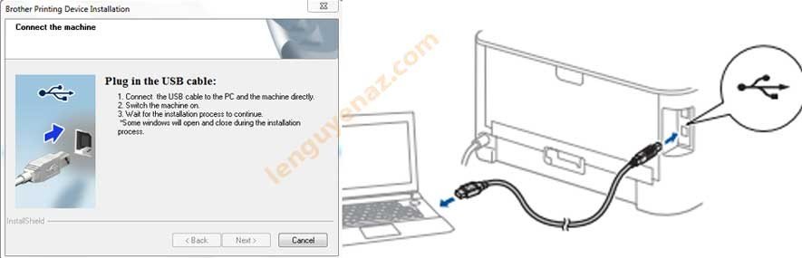 Hình ảnh yêu cầu kết nối cáp USB khi cài đặt máy in Brother HL-L2321D