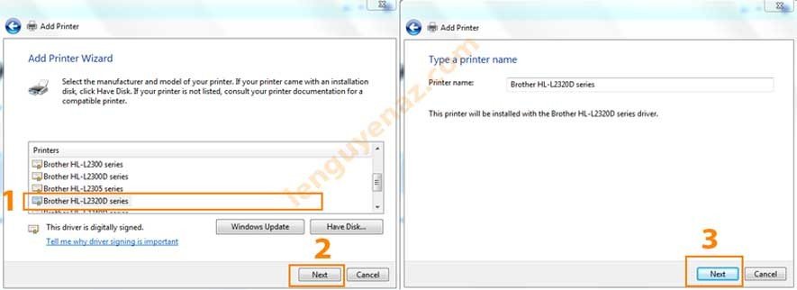 Chọn model máy in Brother HL-L2321D series từ danh sách driver khi cài đặt thủ công