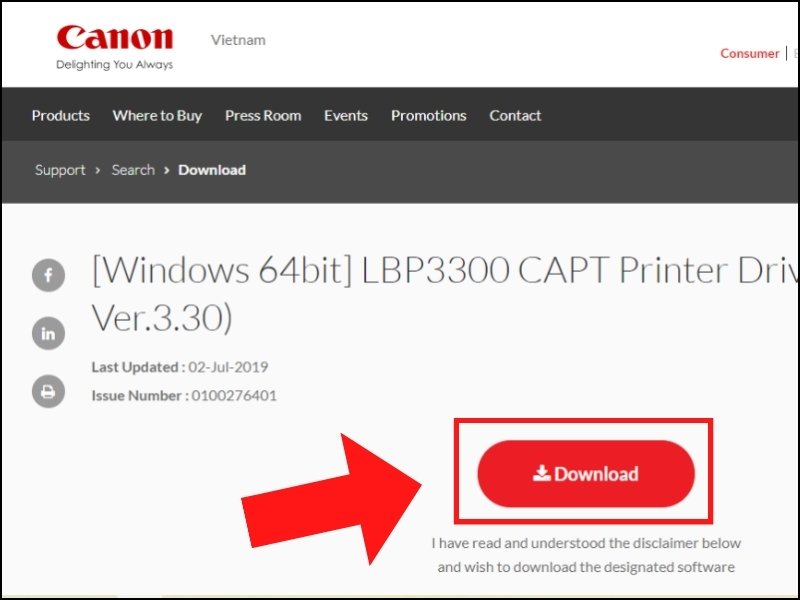 Tải driver máy in Canon LBP 3300 phiên bản 32bit hoặc 64bit từ trang chủ Canon