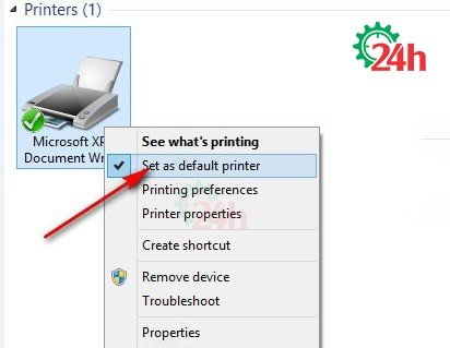 Hướng dẫn chọn Set as default printer để đặt máy in mặc định trên Windows 7