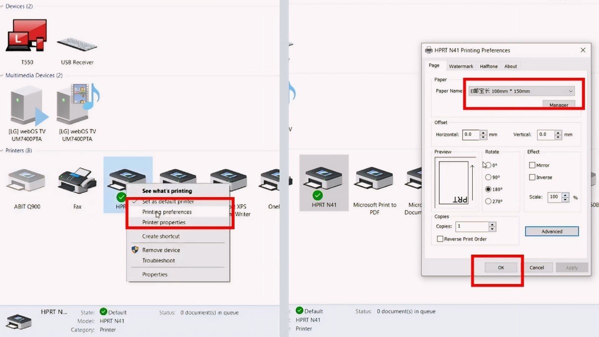 Thiết lập các thông số trang in cho máy in HPRT trên máy tính sau khi kết nối thành công